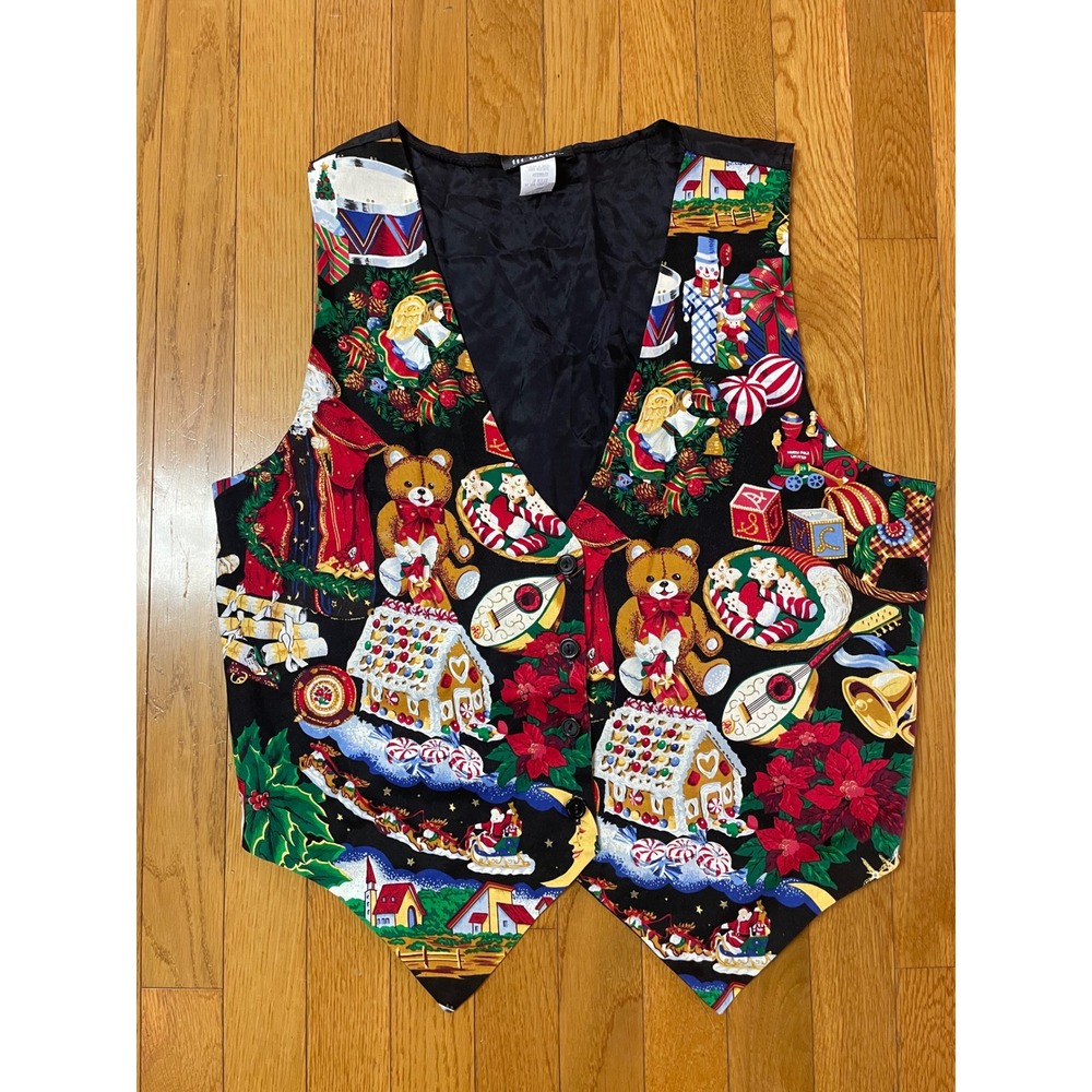 Vintage 111 Main Christmas Vest Large Black Gingerbread Bear Nutcracker Holiday